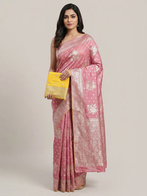 Pink Floral Woven Dola Silk Saree - Image 1