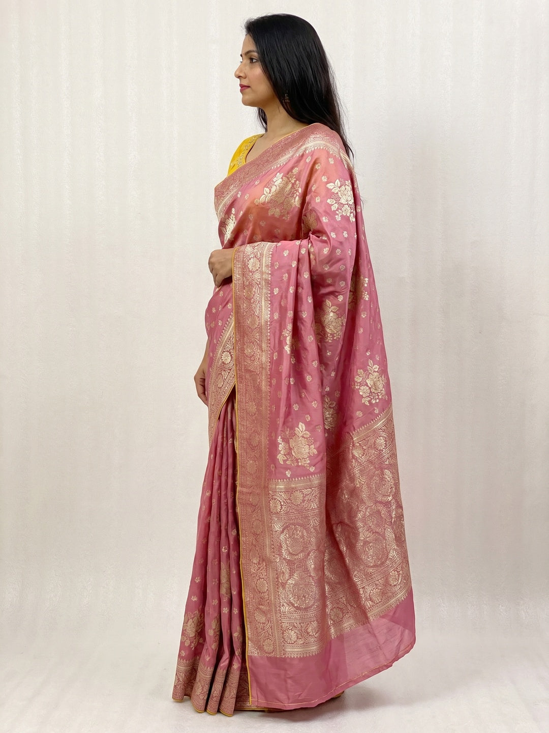 Pink Floral Woven Dola Silk Saree - Image 2