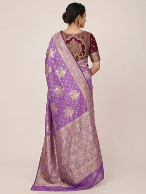 Lavender Floral Woven Dola Silk Saree - Image 2