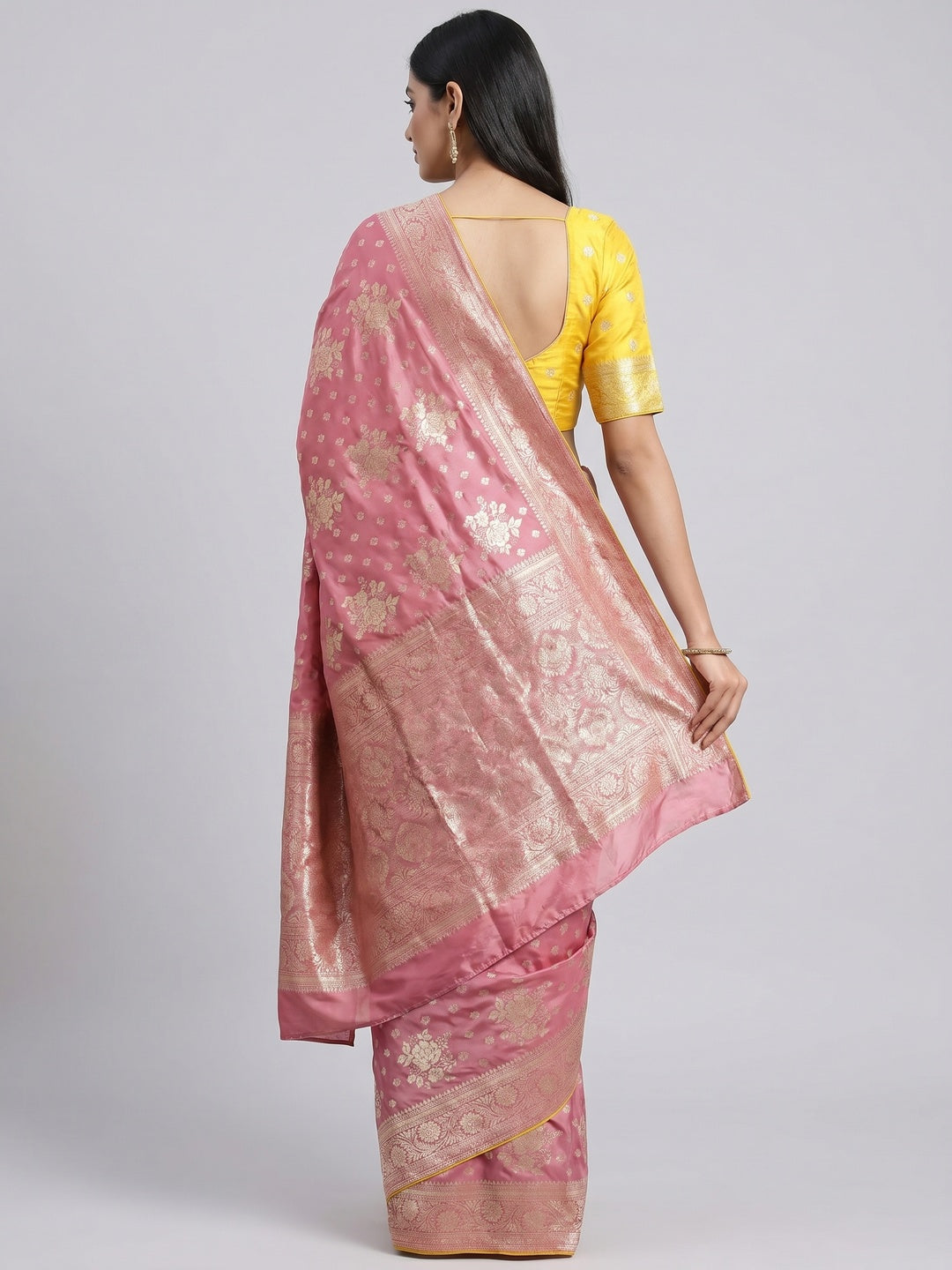 Pink Floral Woven Dola Silk Saree - Image 4