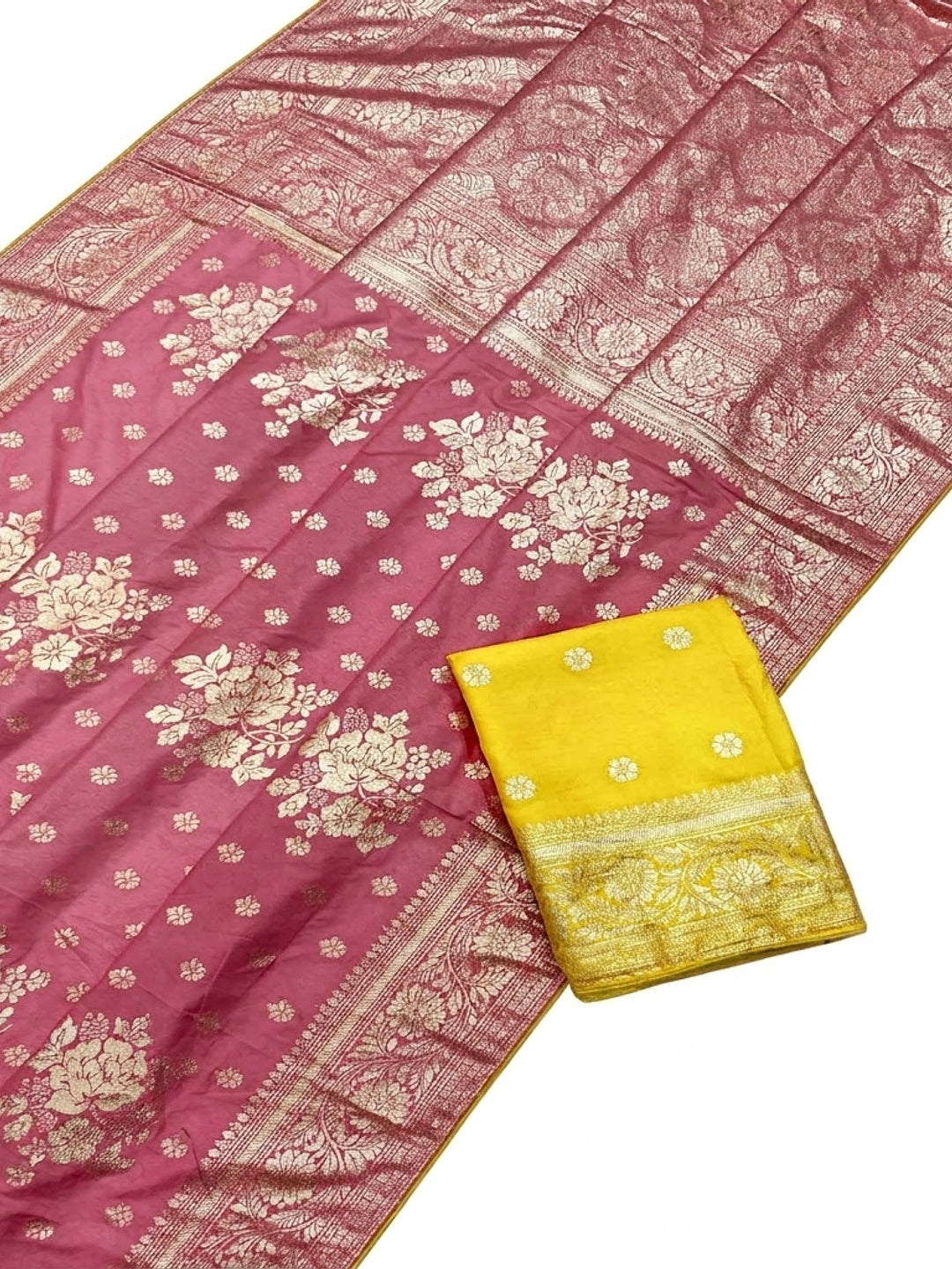 Pink Floral Woven Dola Silk Saree - Image 3