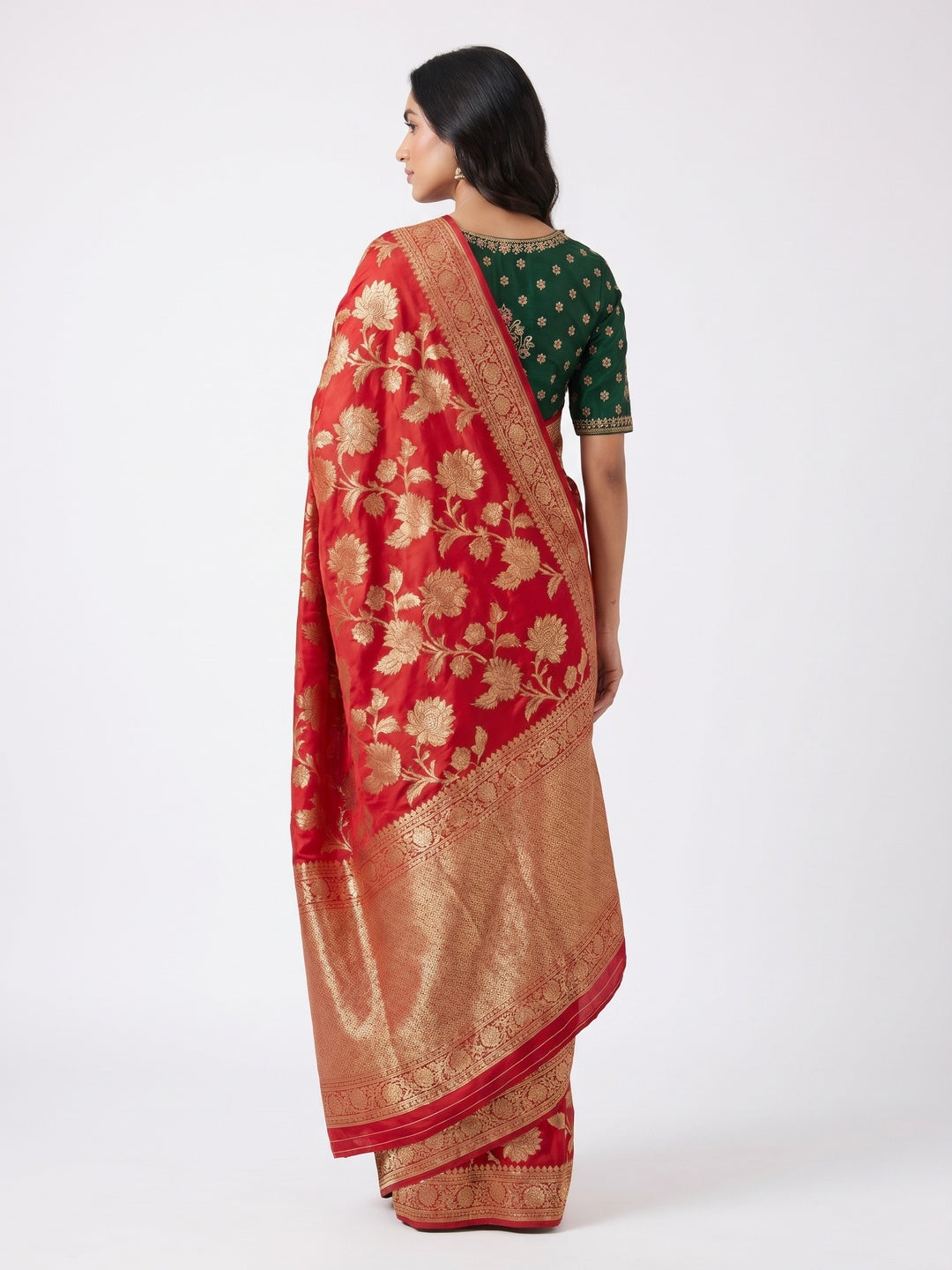 Red Floral Woven Dola Silk Saree - Image 3