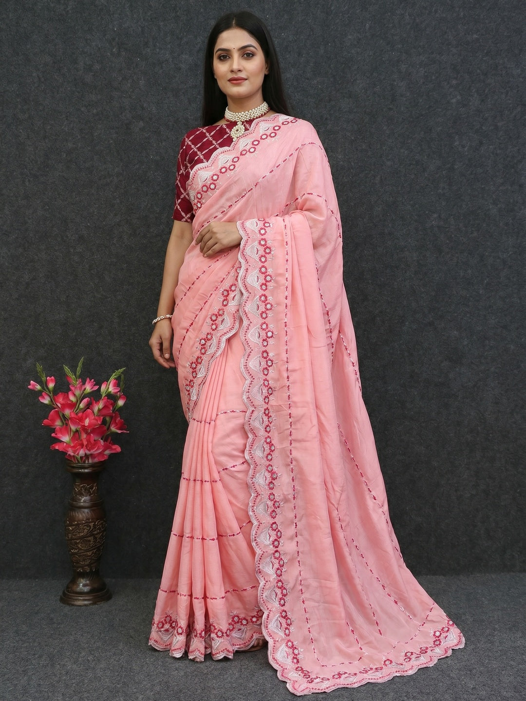 Peach Sequins Embroidered Chinon Saree - Image 1