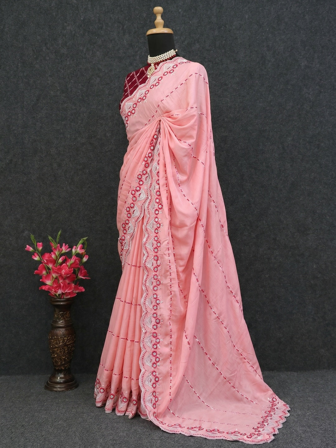 Peach Sequins Embroidered Chinon Saree - Image 2
