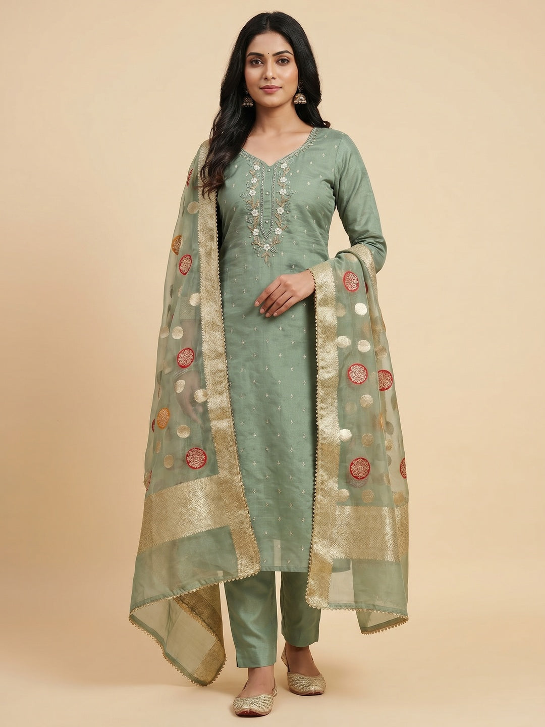 Green Hand Embroidered Chanderi Dress Material - Image 1