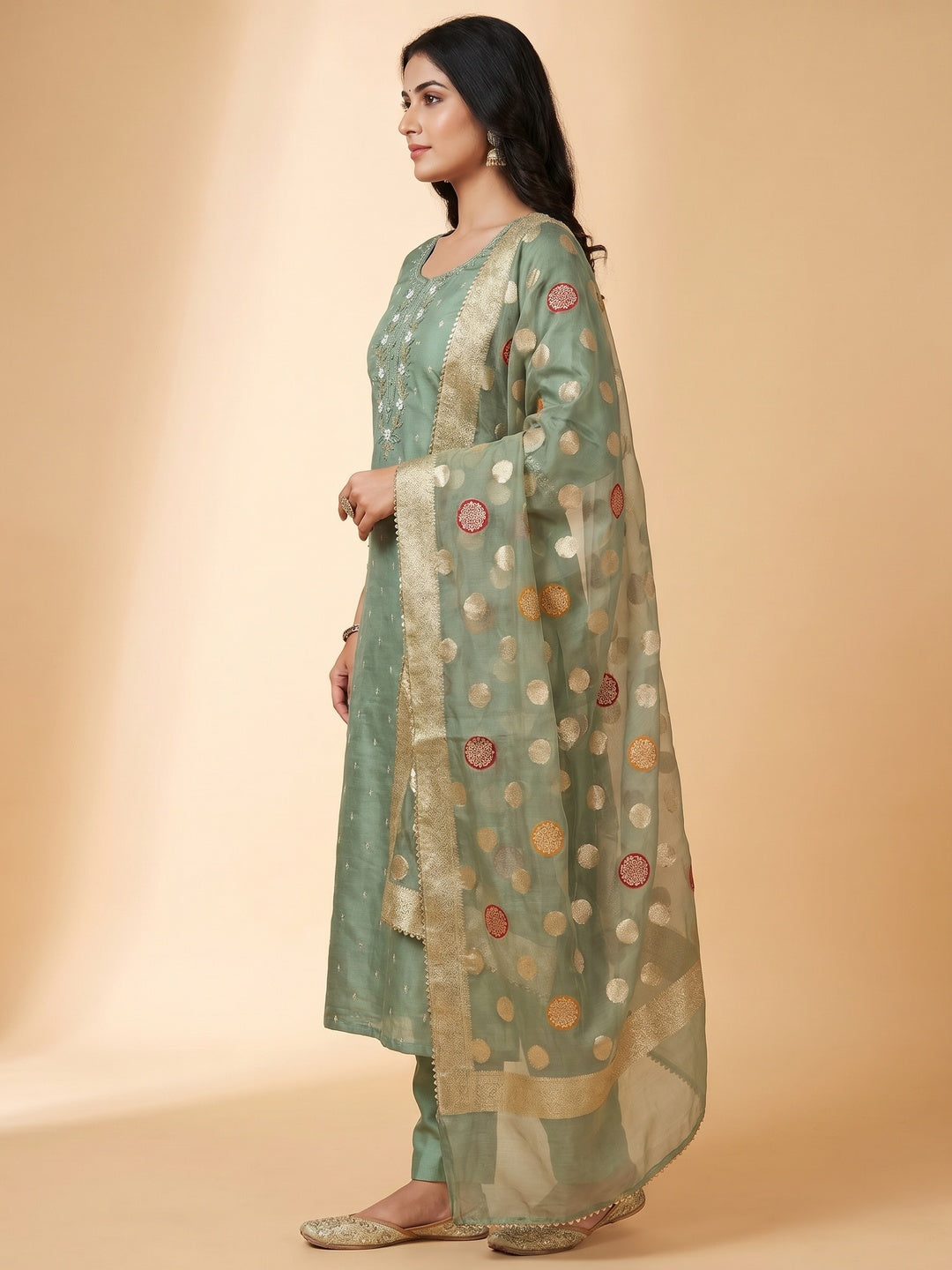 Green Hand Embroidered Chanderi Dress Material - Image 3