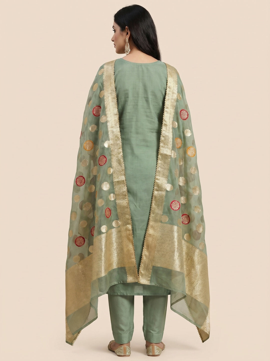 Green Hand Embroidered Chanderi Dress Material - Image 2