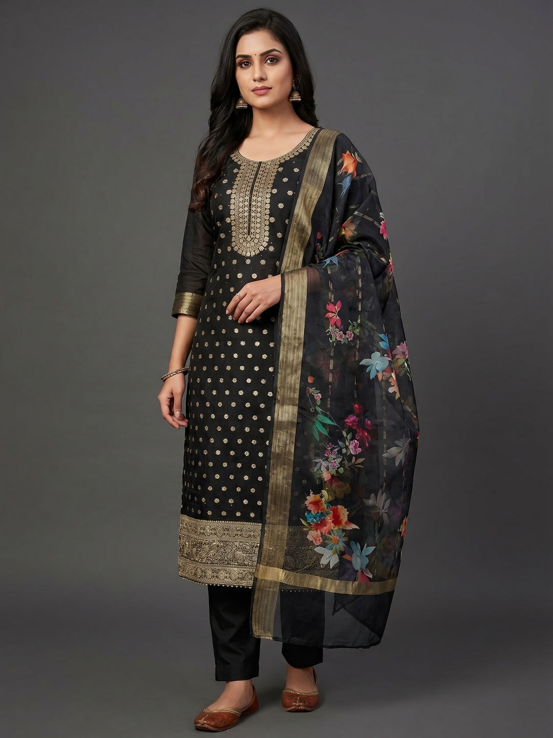 Black Floral Woven Chanderi Dress Material - Image 3