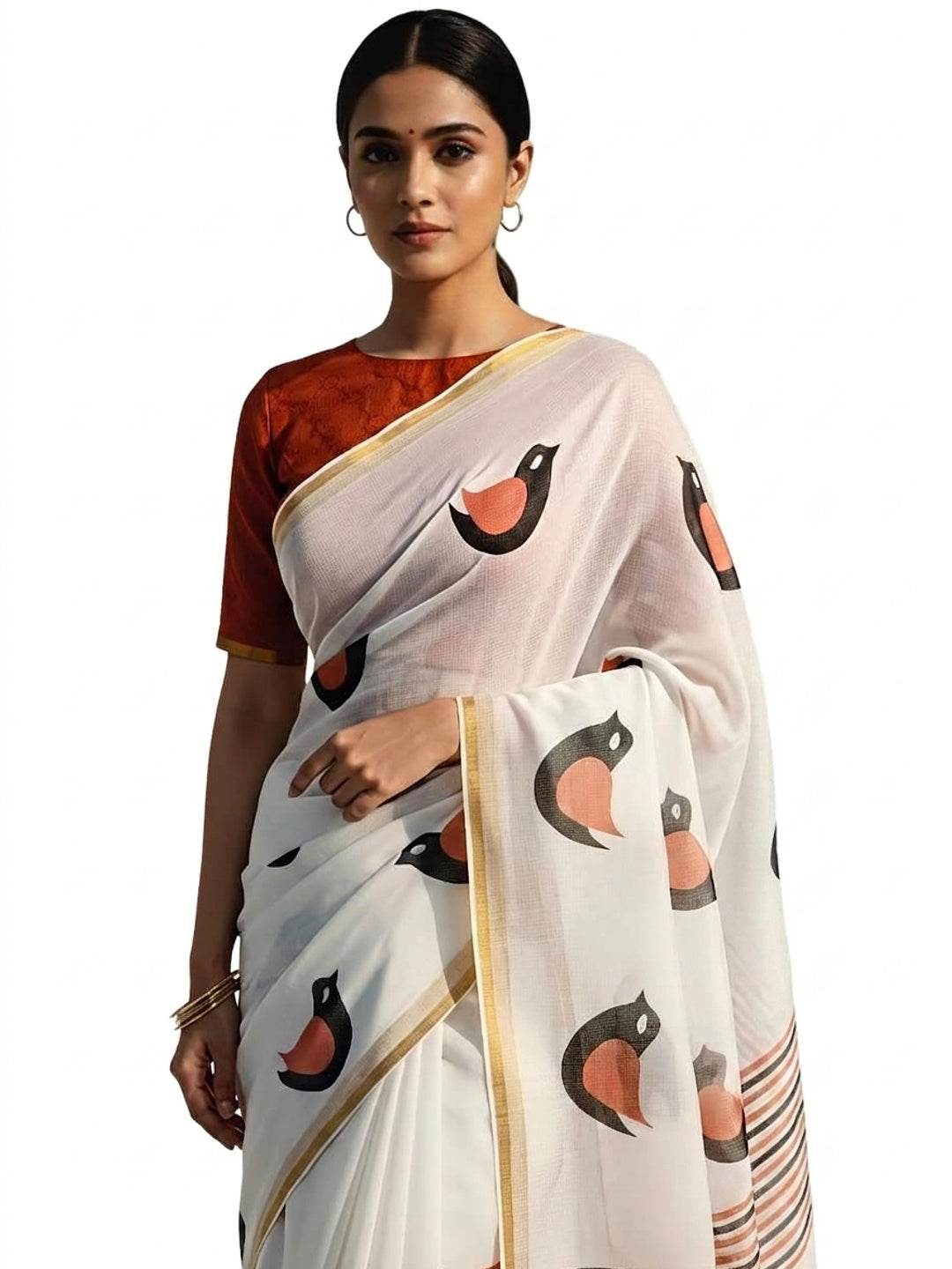Peachmode Cream Linen Cotton Saree with Artistic Motifs - Image 4