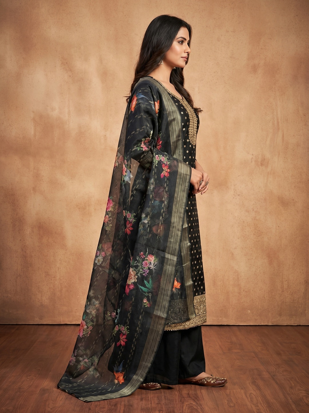 Black Floral Woven Chanderi Dress Material - Image 1