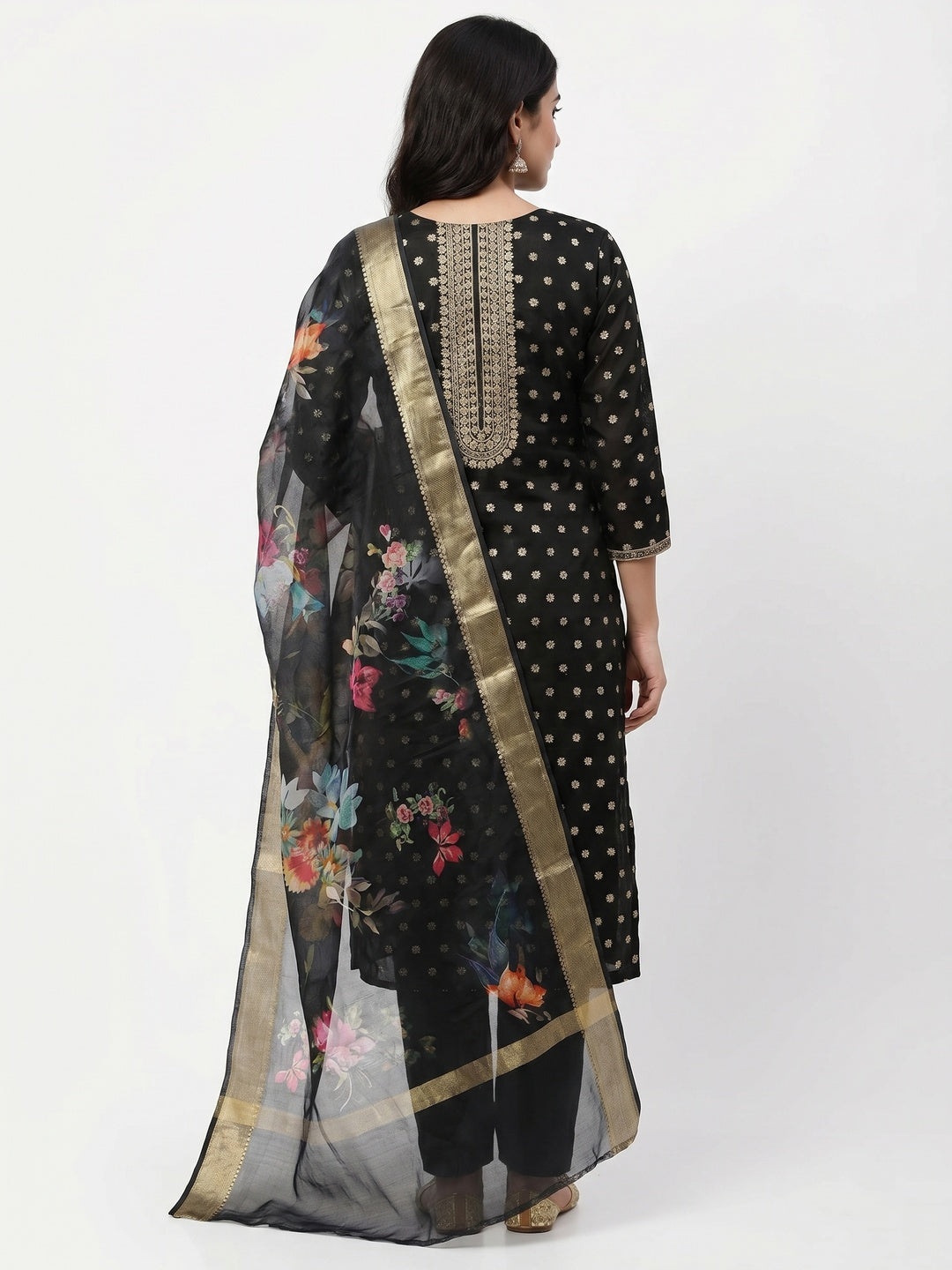Black Floral Woven Chanderi Dress Material - Image 2