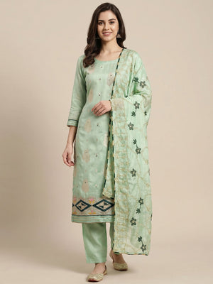 Green Floral Woven Banarasi Silk Dress Material - Image 1