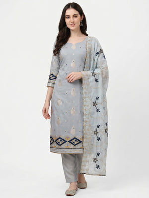 Grey Floral Woven Banarasi Silk Dress Material - Image 1