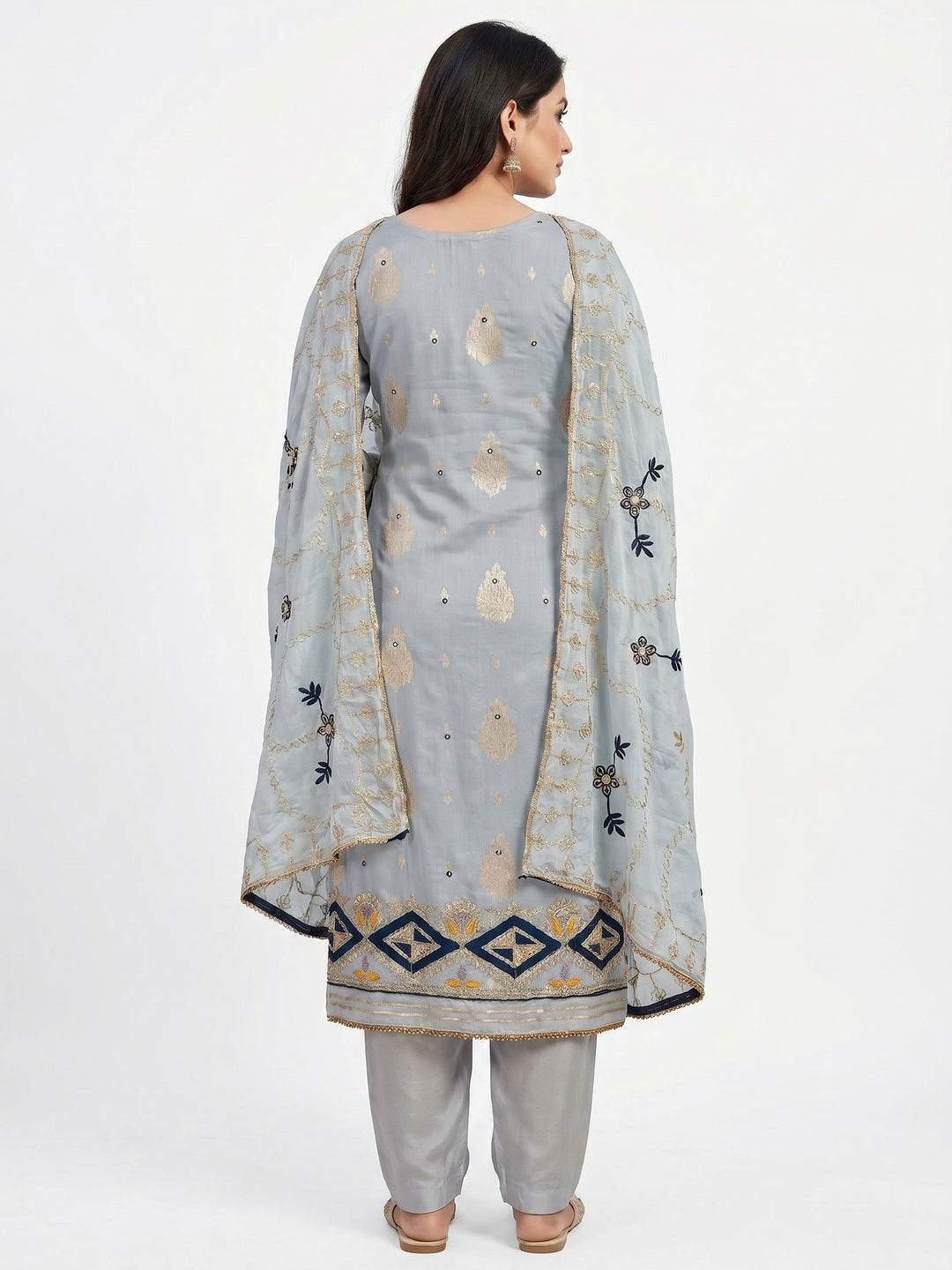 Grey Floral Woven Banarasi Silk Dress Material - Image 2
