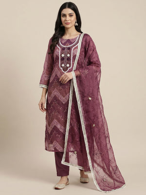 Wine Sequins Embroidered With Handwork Organza Dress Material - Image 1