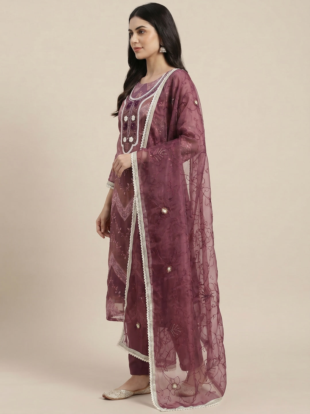 Wine Sequins Embroidered With Handwork Organza Dress Material - Image 3