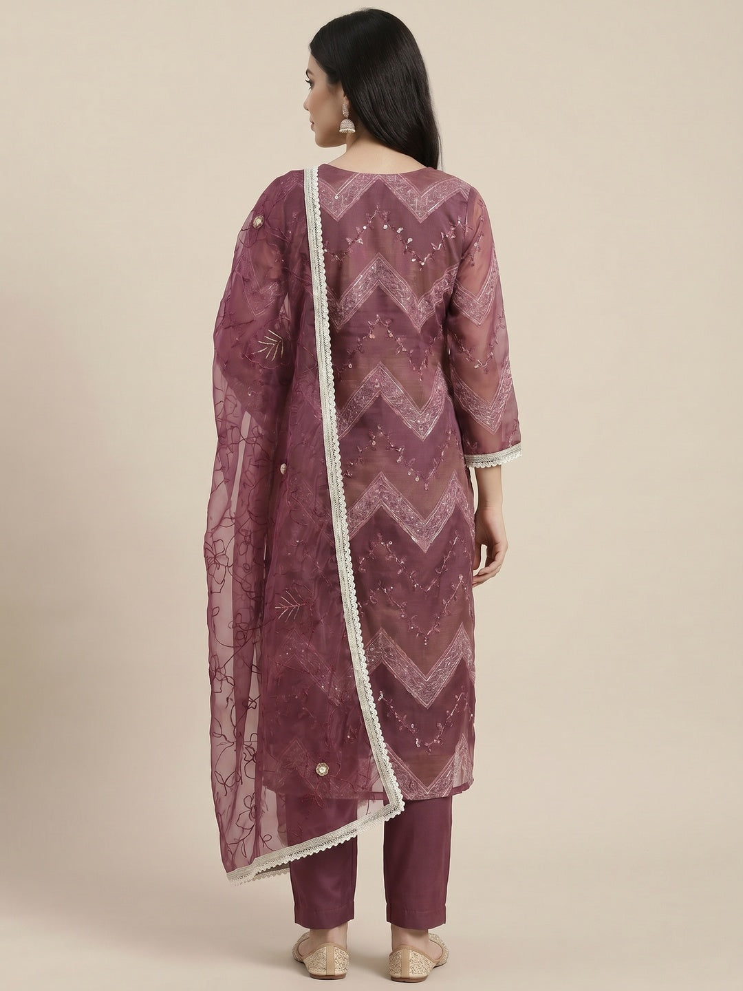 Wine Sequins Embroidered With Handwork Organza Dress Material - Image 2