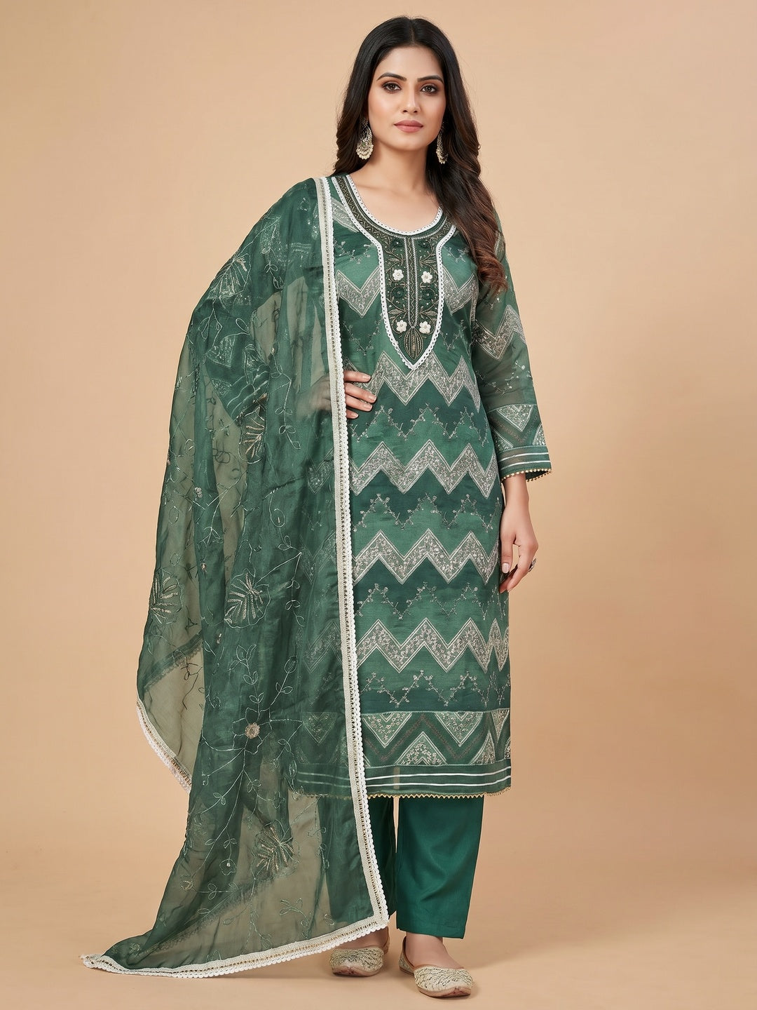 Green Sequins Embroidered With Handwork Organza Dress Material - Image 1