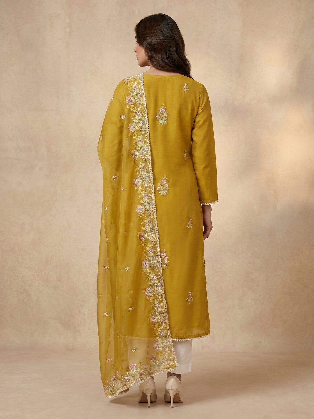 Mustard Floral Embroidered Cotton Silk Dress Material - Image 3