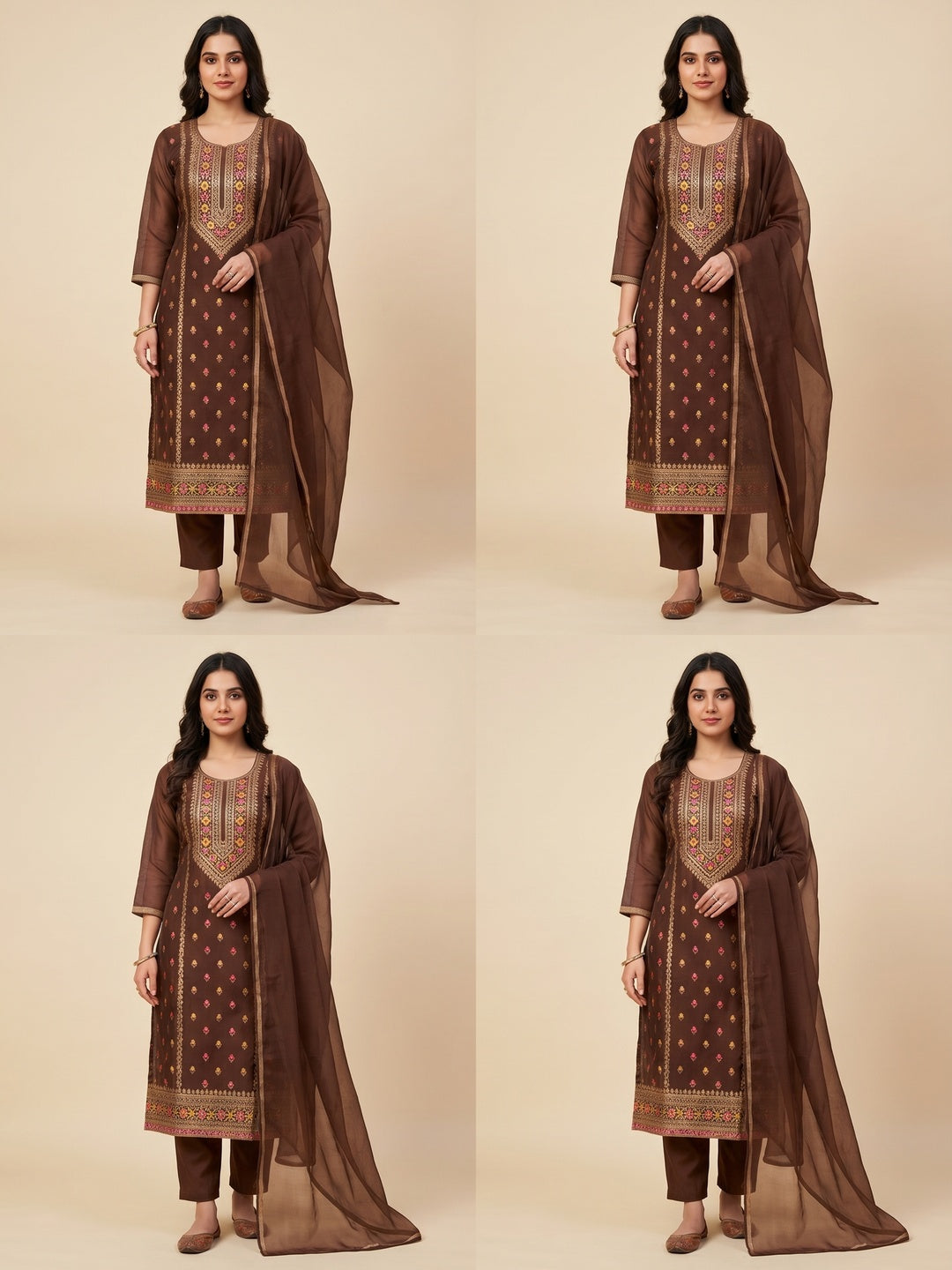 Brown Woven Organza Dress Material - Image 1