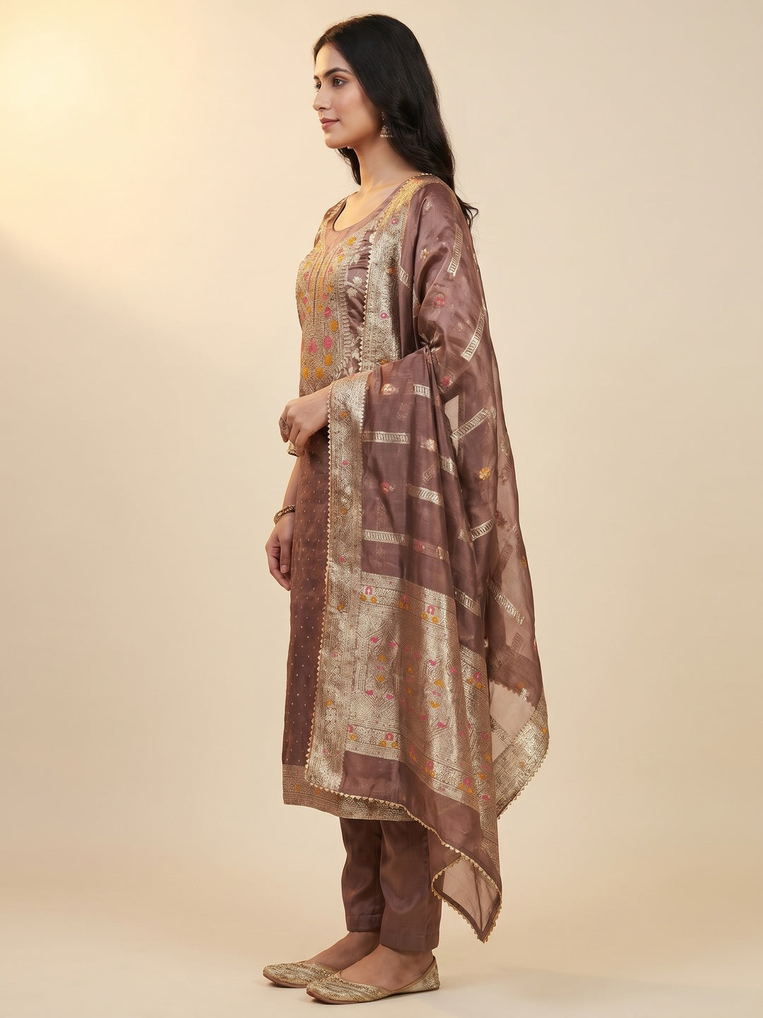 Brown Woven Organza Dress Material - Image 2