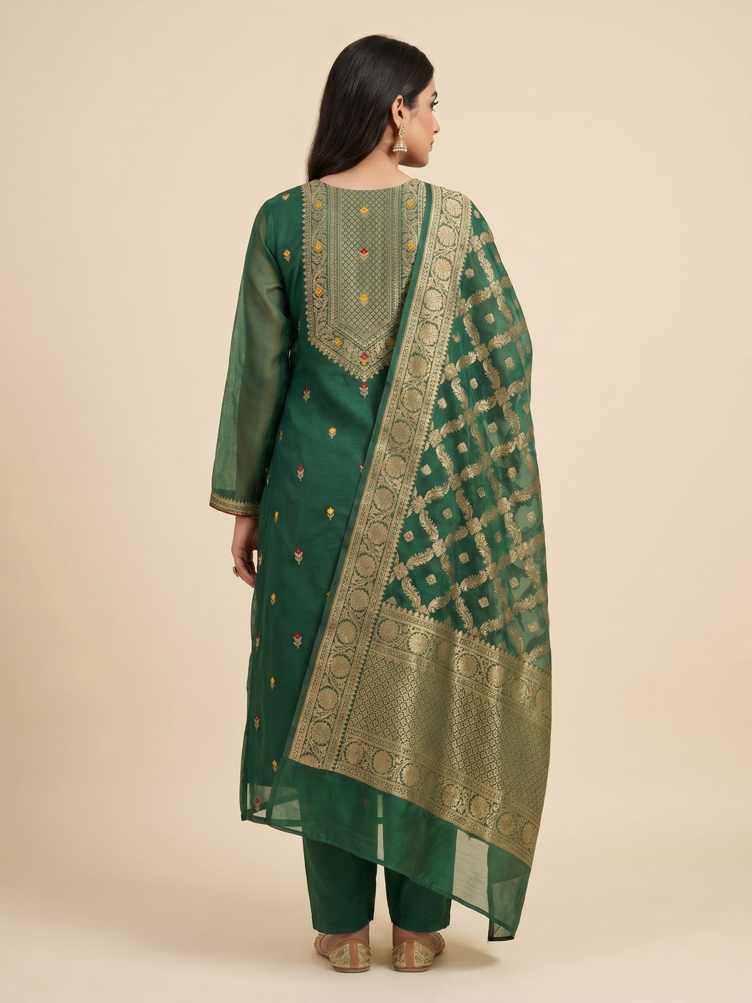 Green Woven Organza Dress Material - Image 3