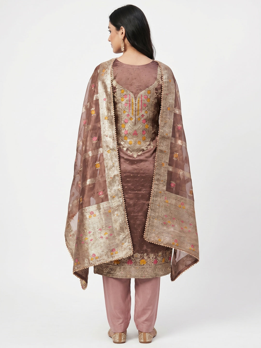 Brown Woven Organza Dress Material - Image 3