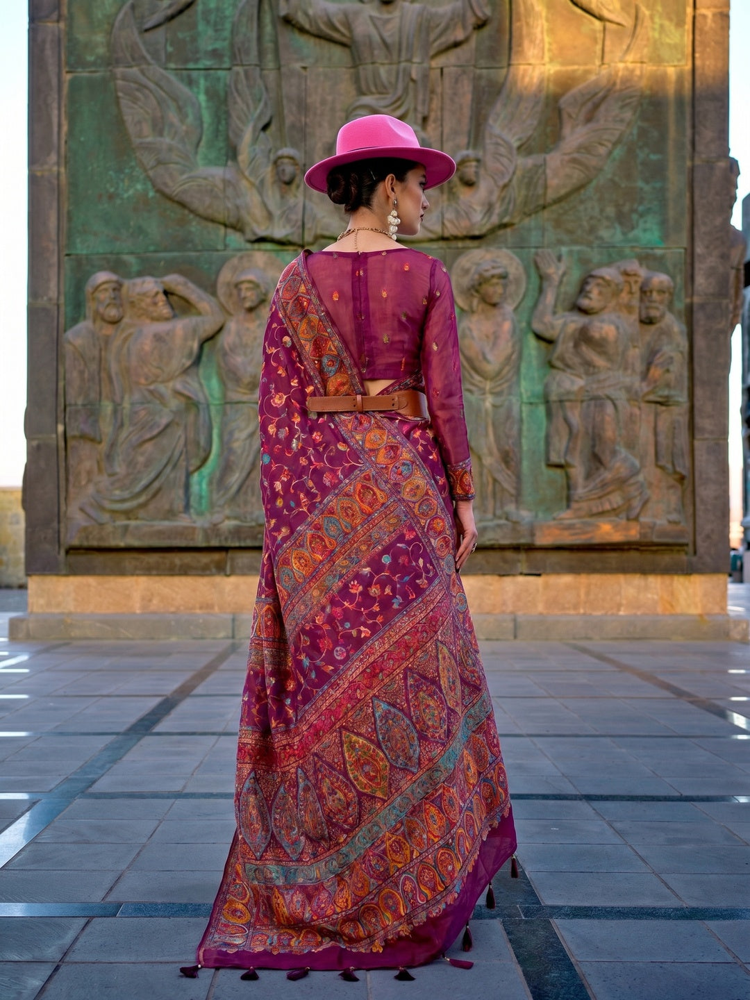 Wine Woven Kashmiri Organza Saree With Tassels - Image 1