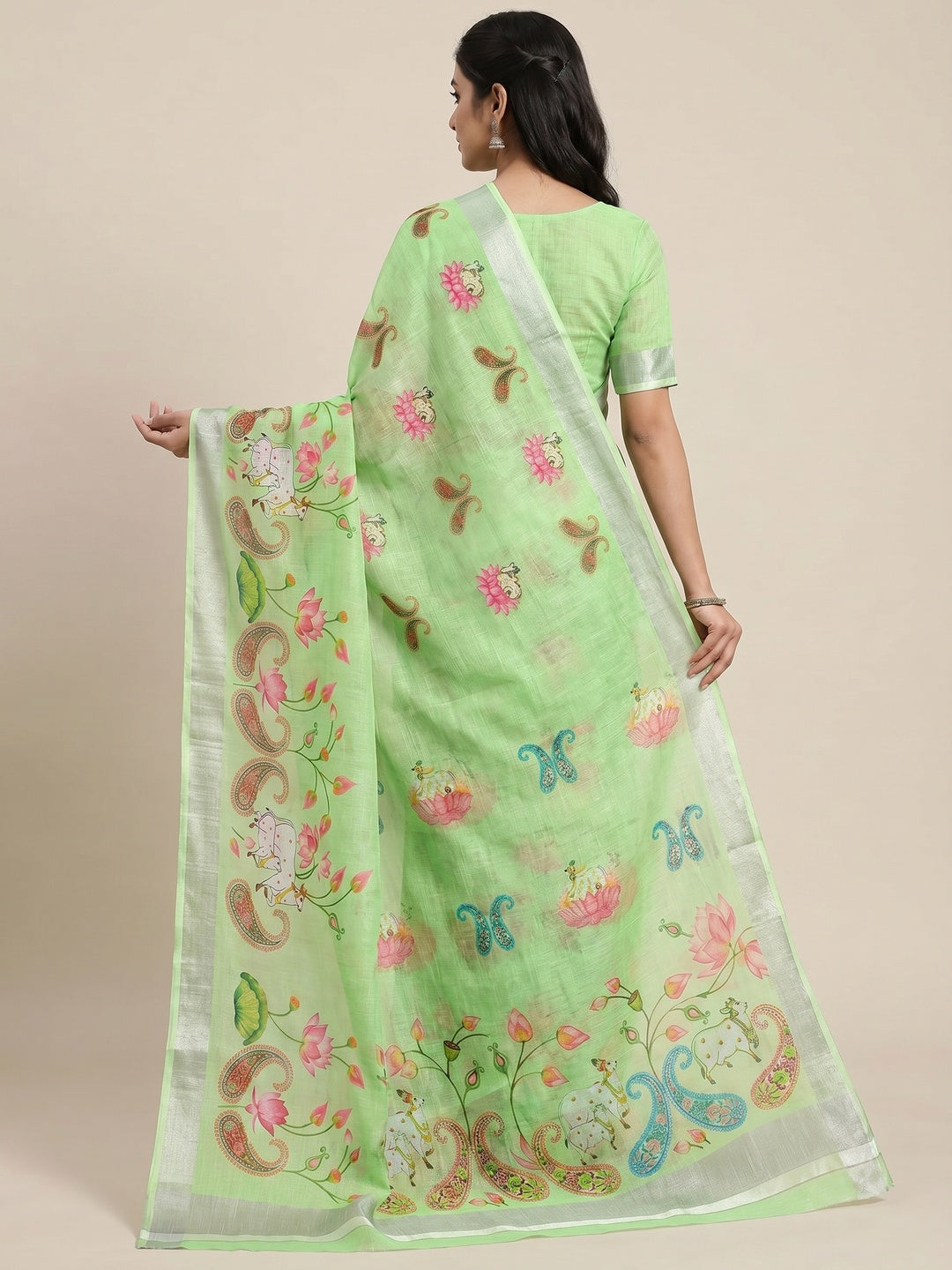 Pista Green Digital Printed Linen Saree - Image 2