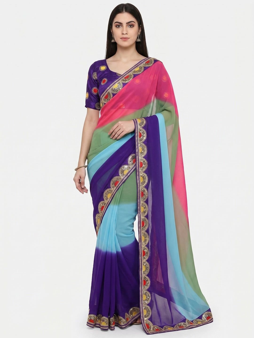 Multicolor Printed Georgette Saree With Sequins Border - Image 1