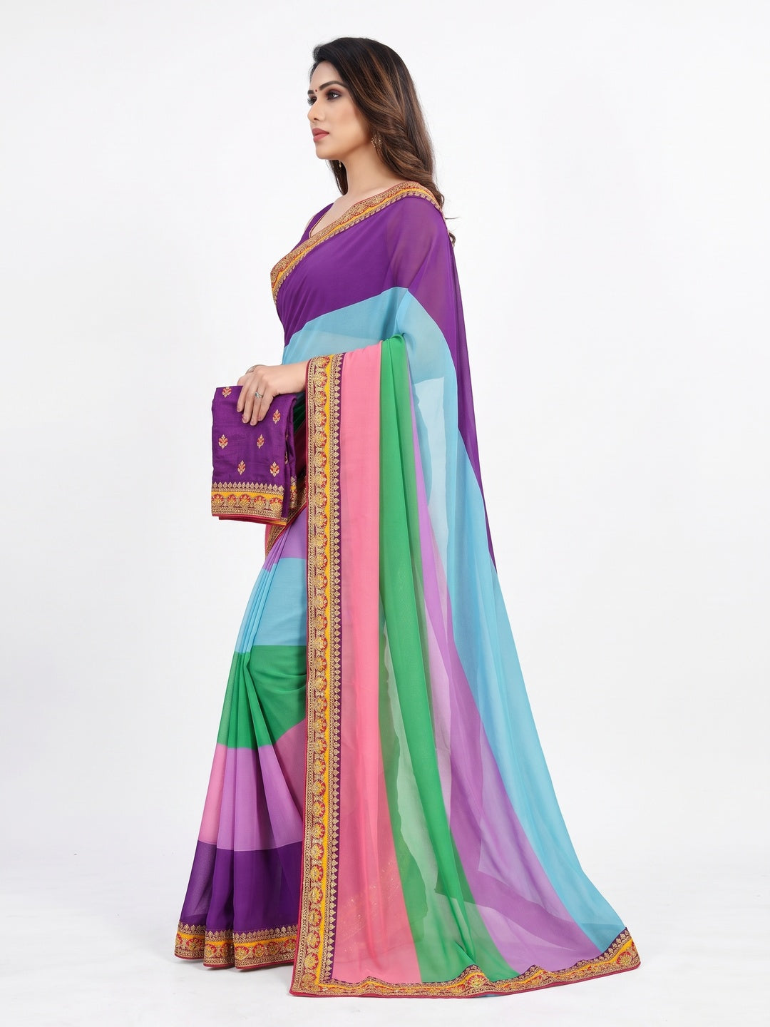 Multicolor Printed Georgette Saree With Sequins Border - Image 2