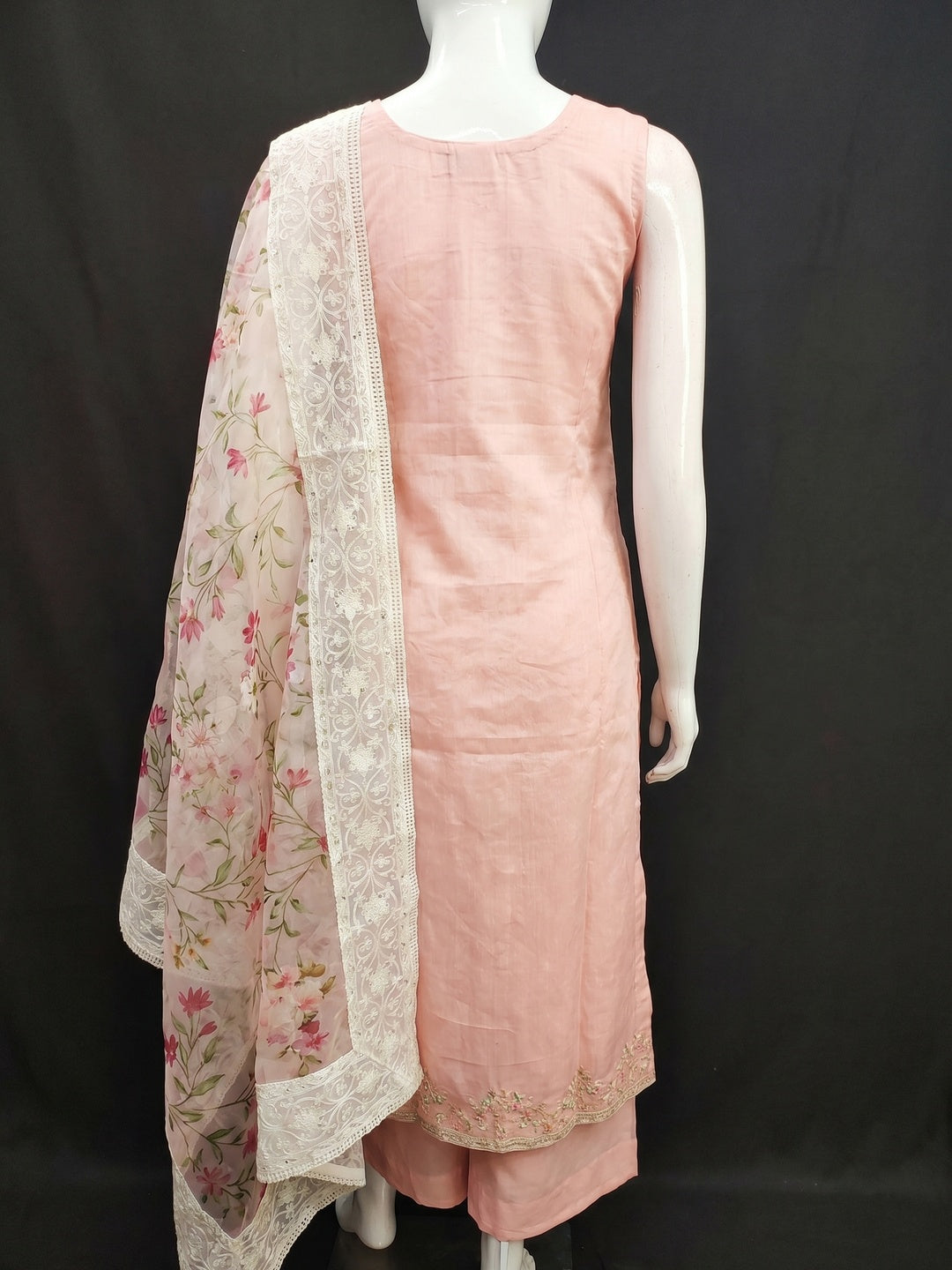 Peach Floral Embroidered Chanderi Silk Dress Material - Image 3