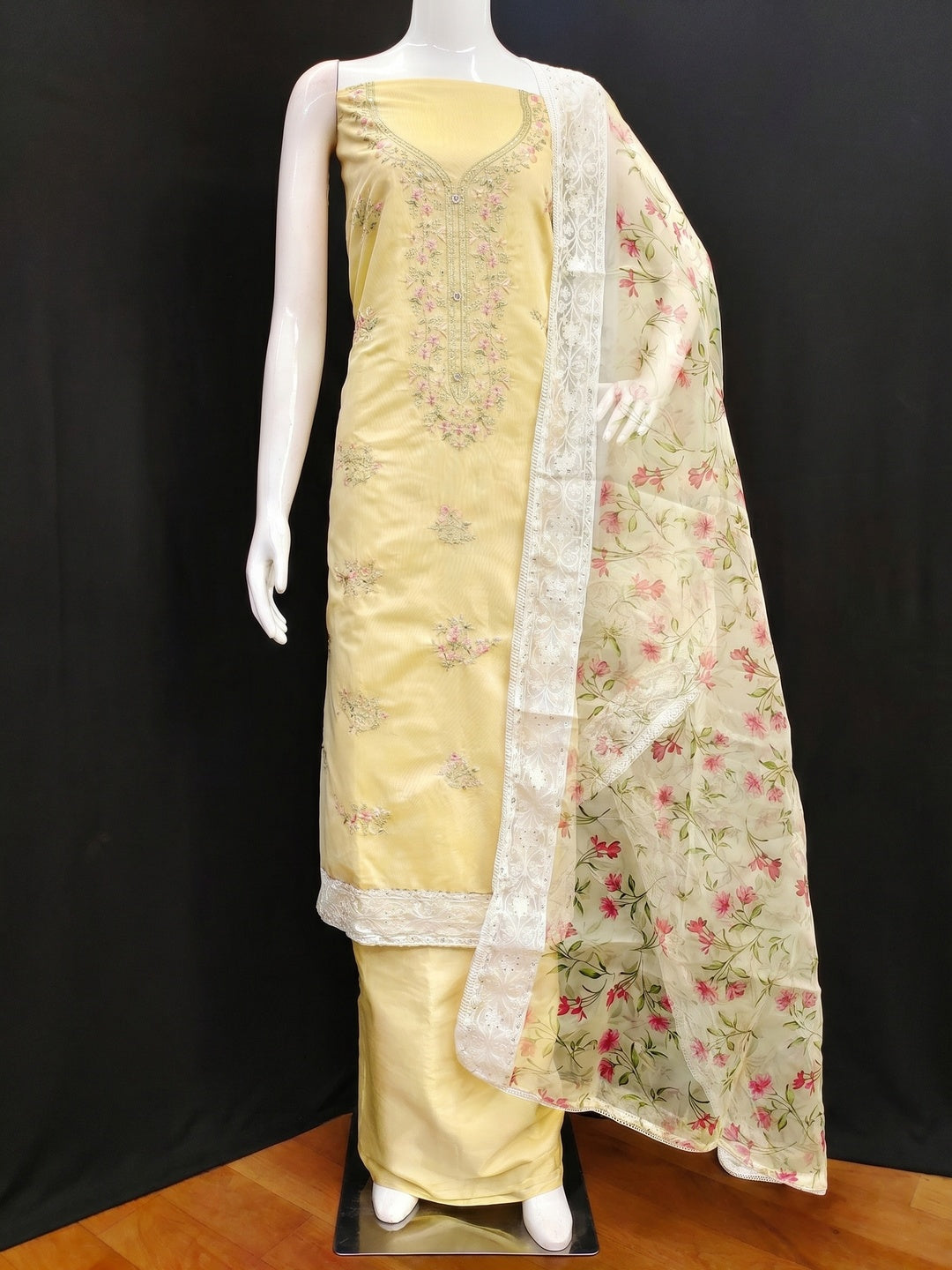 Yellow Floral Embroidered Chanderi Silk Dress Material - Image 1