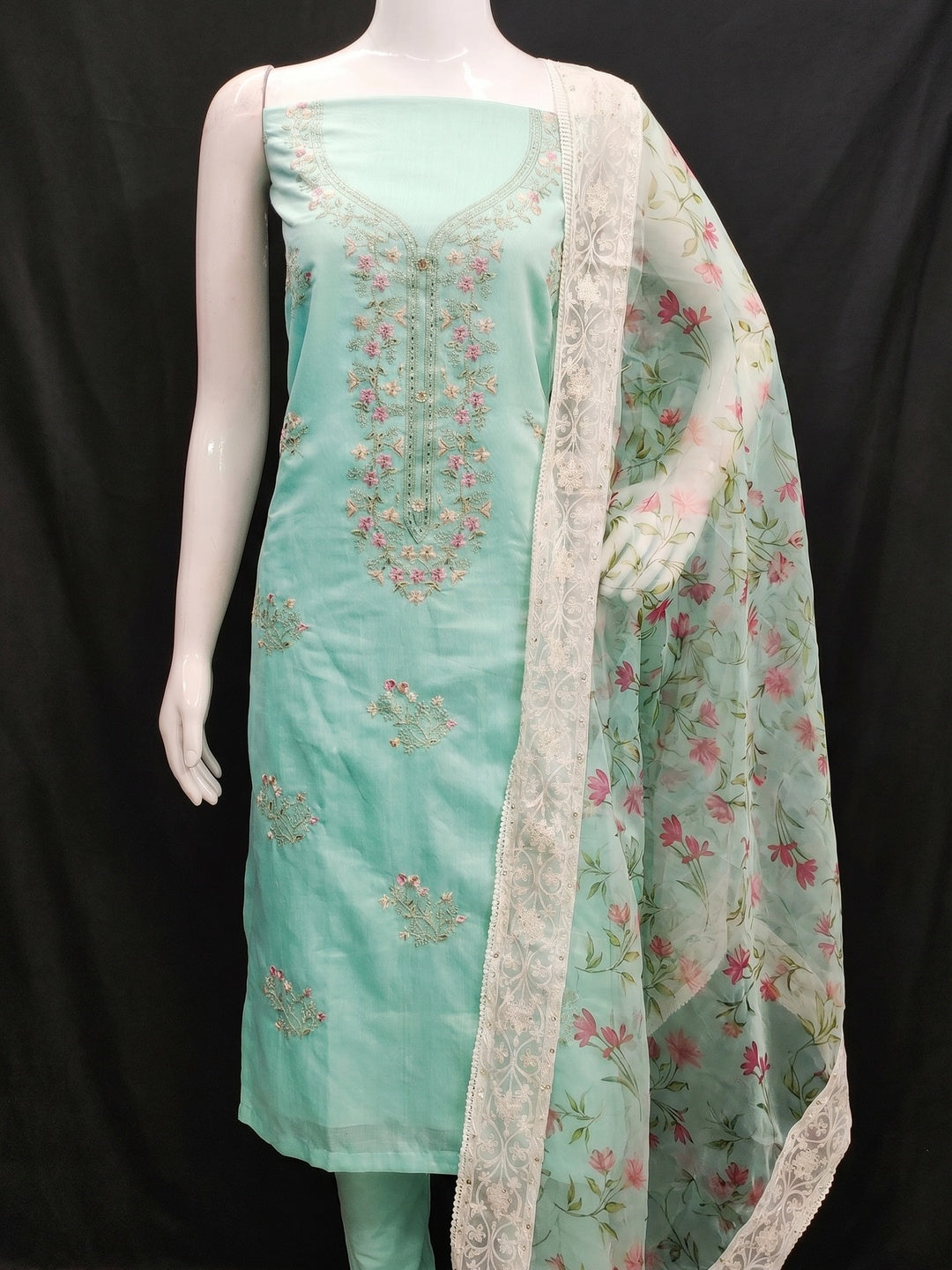 Turquoise Floral Embroidered Chanderi Silk Dress Material - Image 1