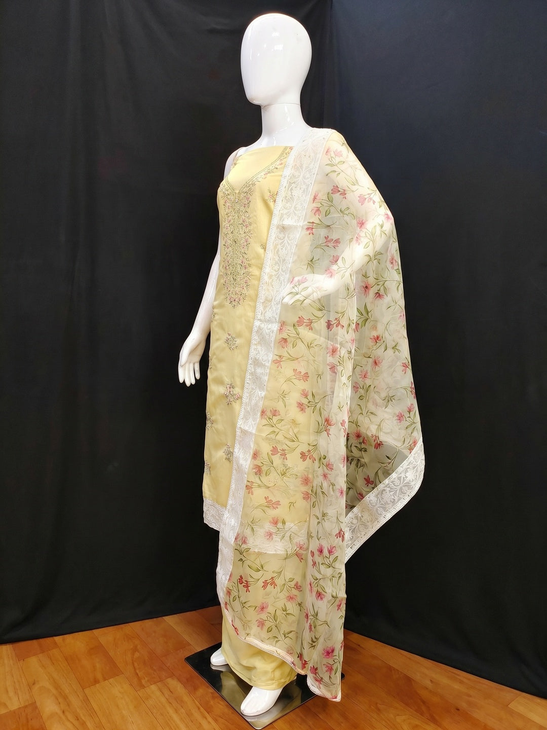 Yellow Floral Embroidered Chanderi Silk Dress Material - Image 3