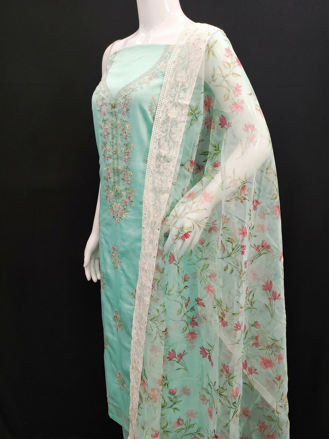 Turquoise Floral Embroidered Chanderi Silk Dress Material - Image 3