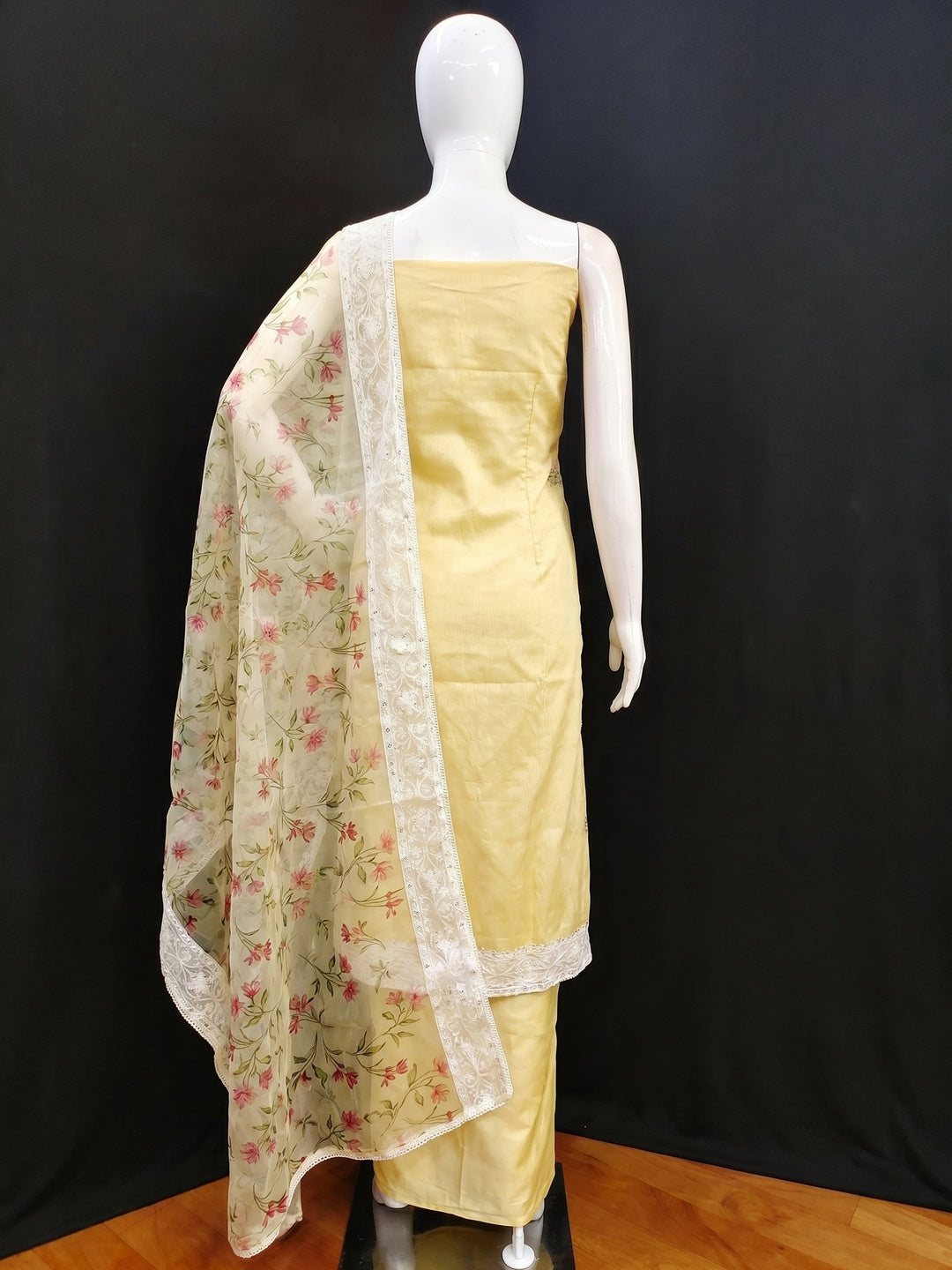 Yellow Floral Embroidered Chanderi Silk Dress Material - Image 2