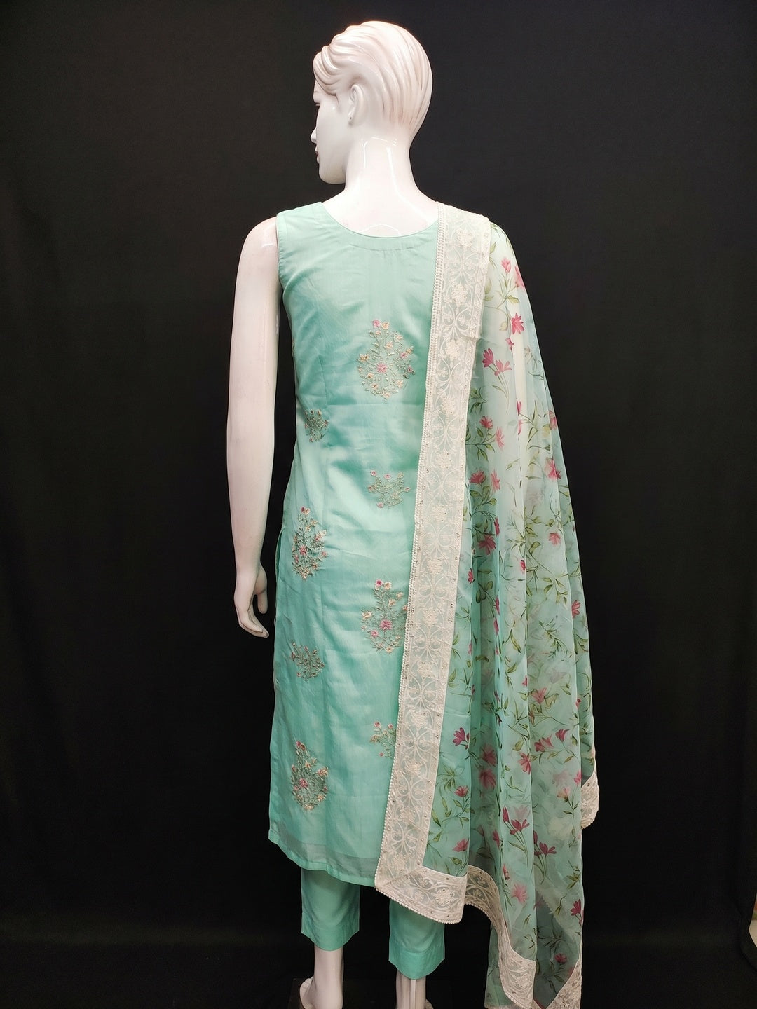 Turquoise Floral Embroidered Chanderi Silk Dress Material - Image 2