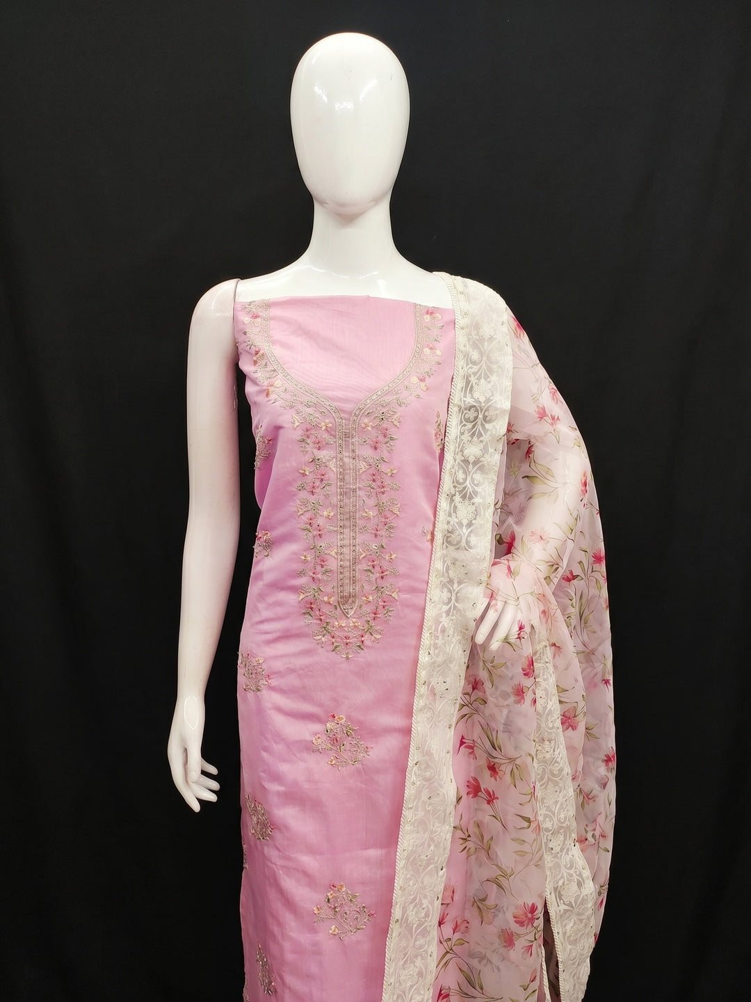 Pink Floral Embroidered Chanderi Silk Dress Material - Image 1
