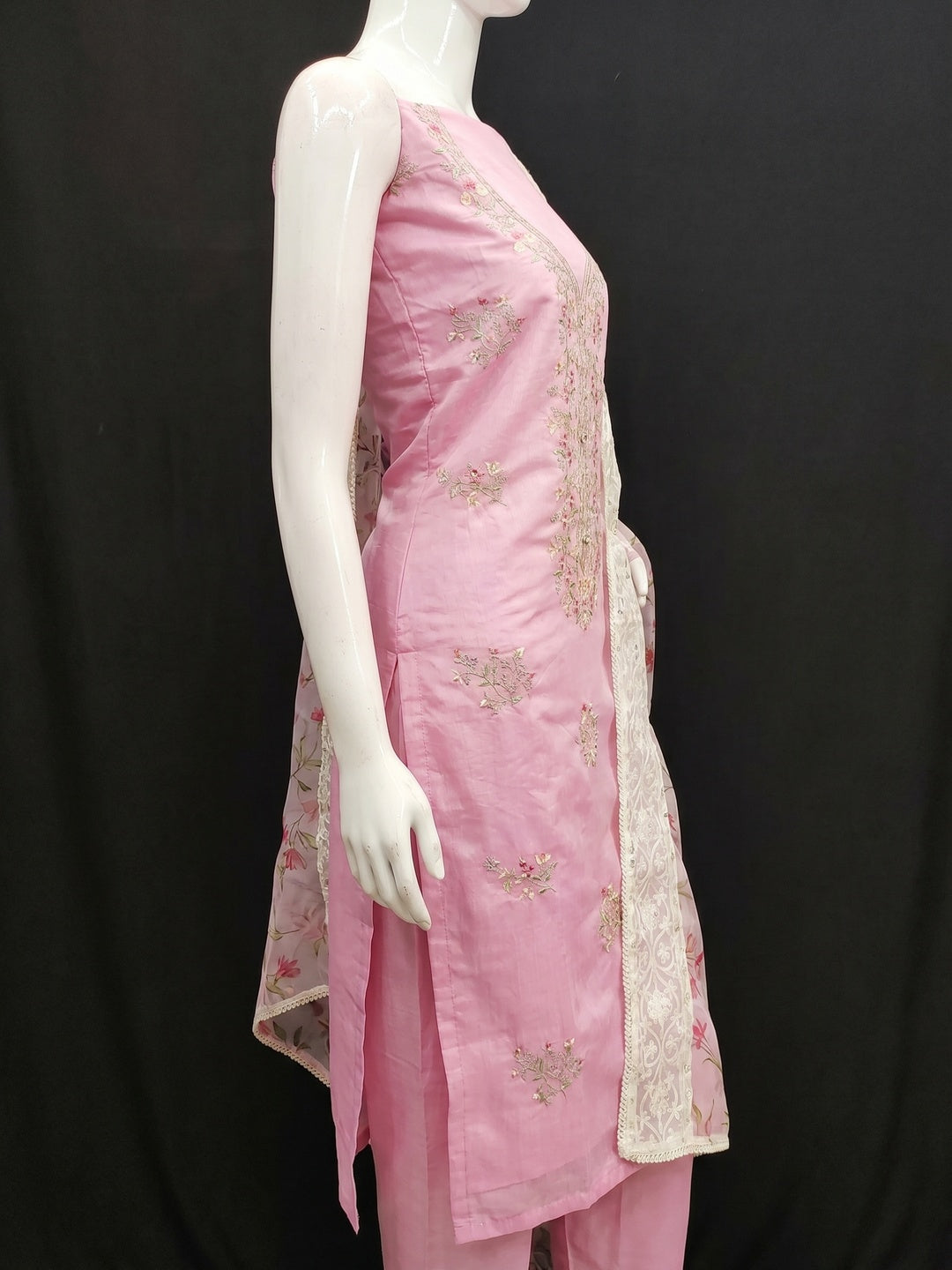 Pink Floral Embroidered Chanderi Silk Dress Material - Image 3