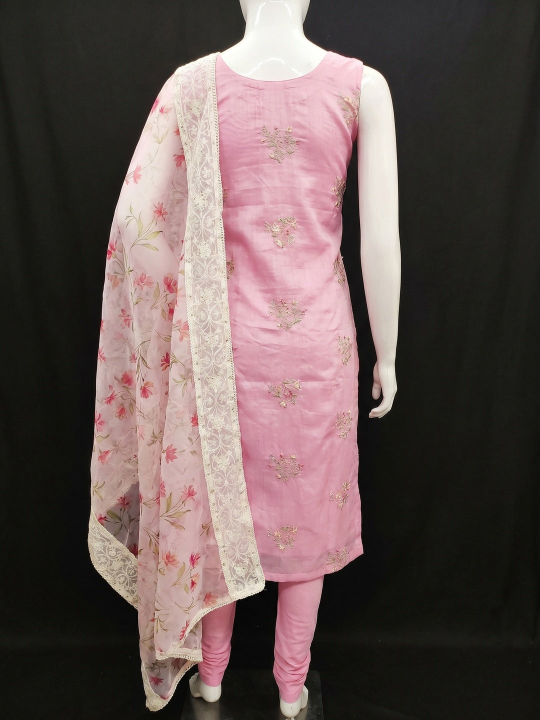 Pink Floral Embroidered Chanderi Silk Dress Material - Image 2