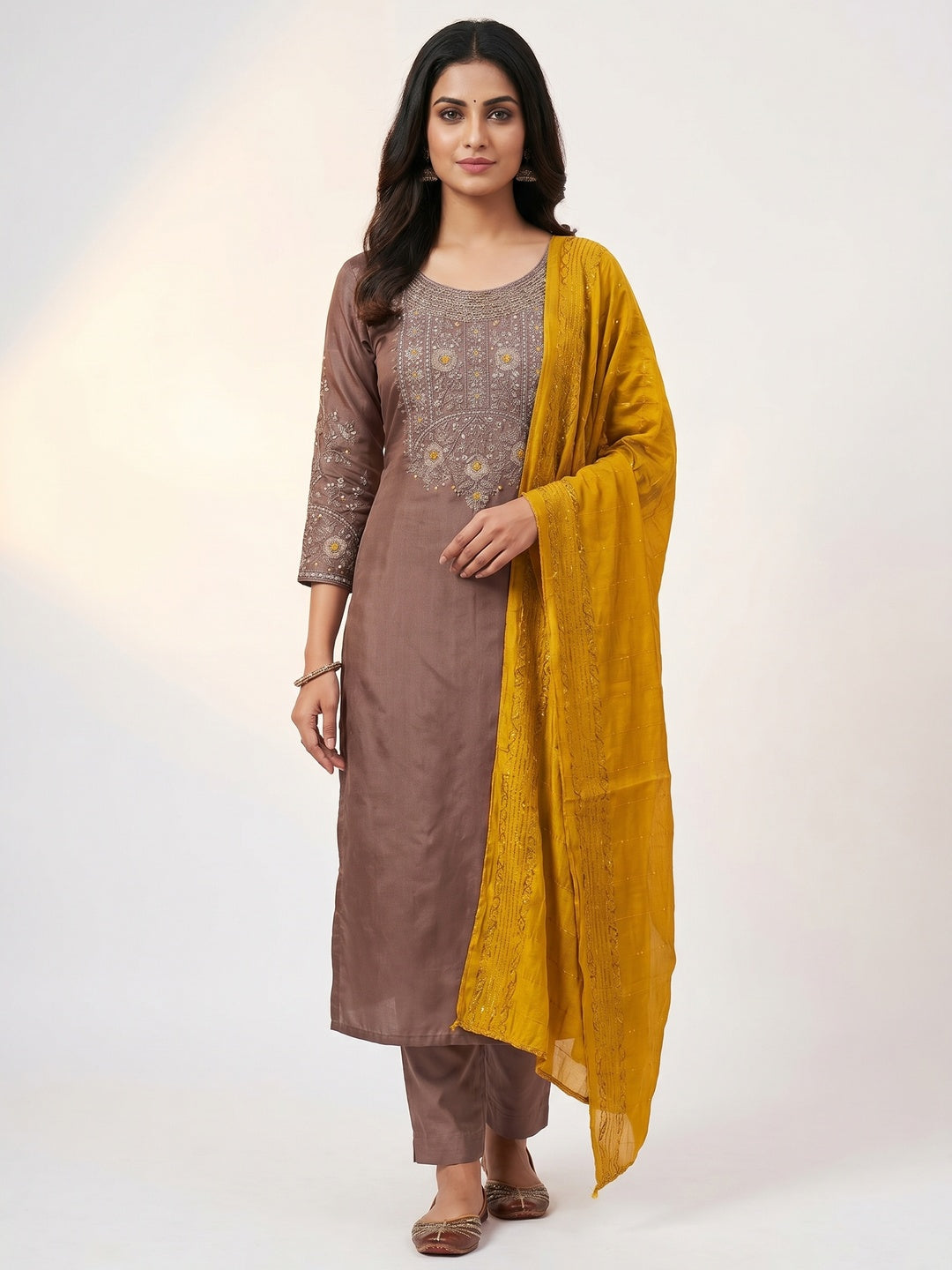 Brown Sequins Embroidered Cotton Silk Dress Material - Image 1