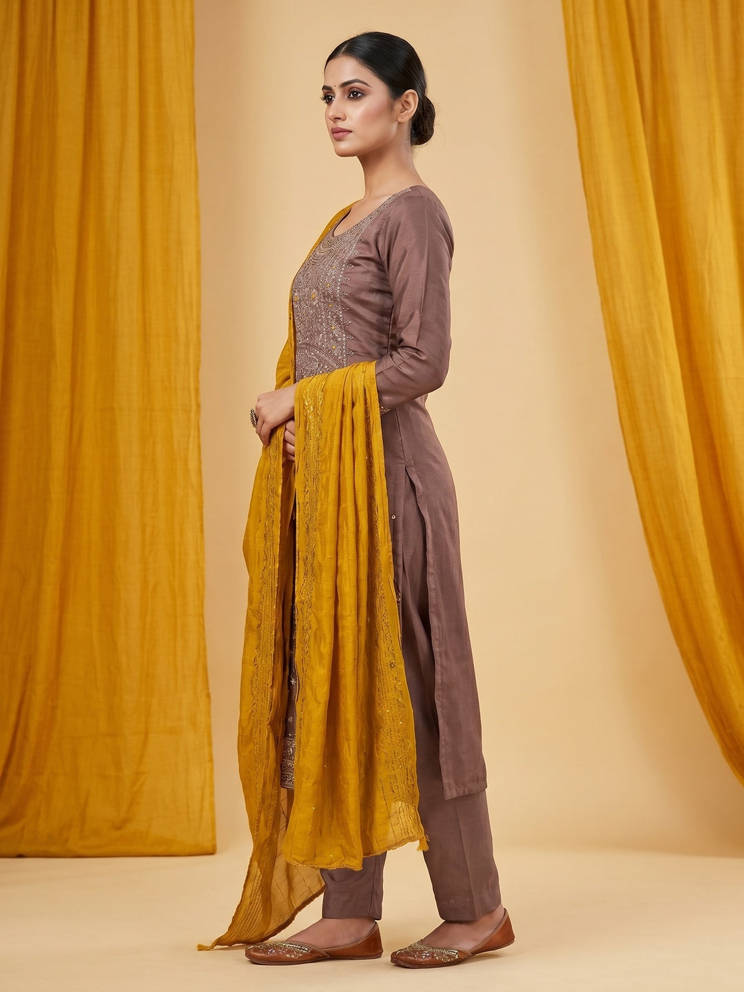 Brown Sequins Embroidered Cotton Silk Dress Material - Image 3
