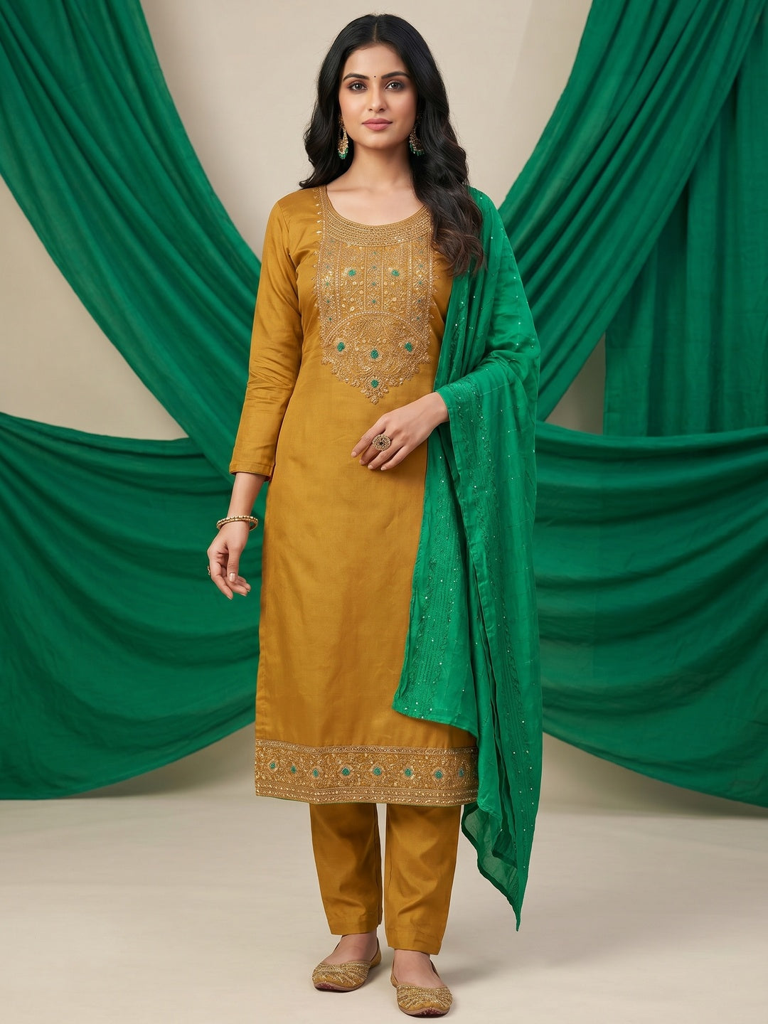 Mustard Sequins Embroidered Cotton Silk Dress Material - Image 1