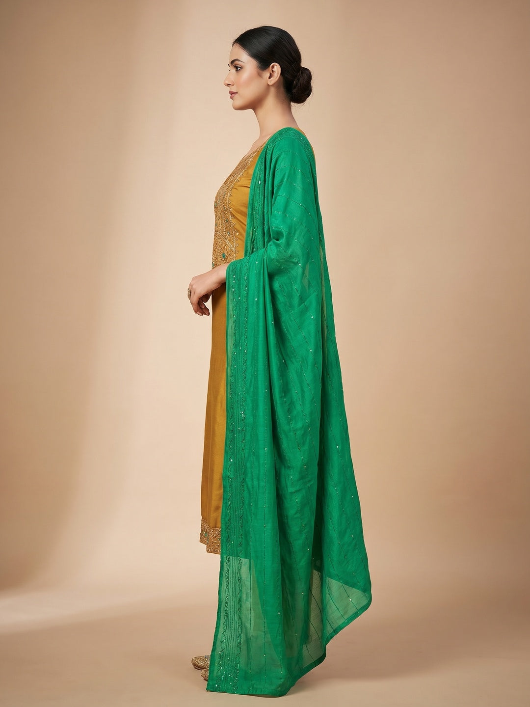 Mustard Sequins Embroidered Cotton Silk Dress Material - Image 3