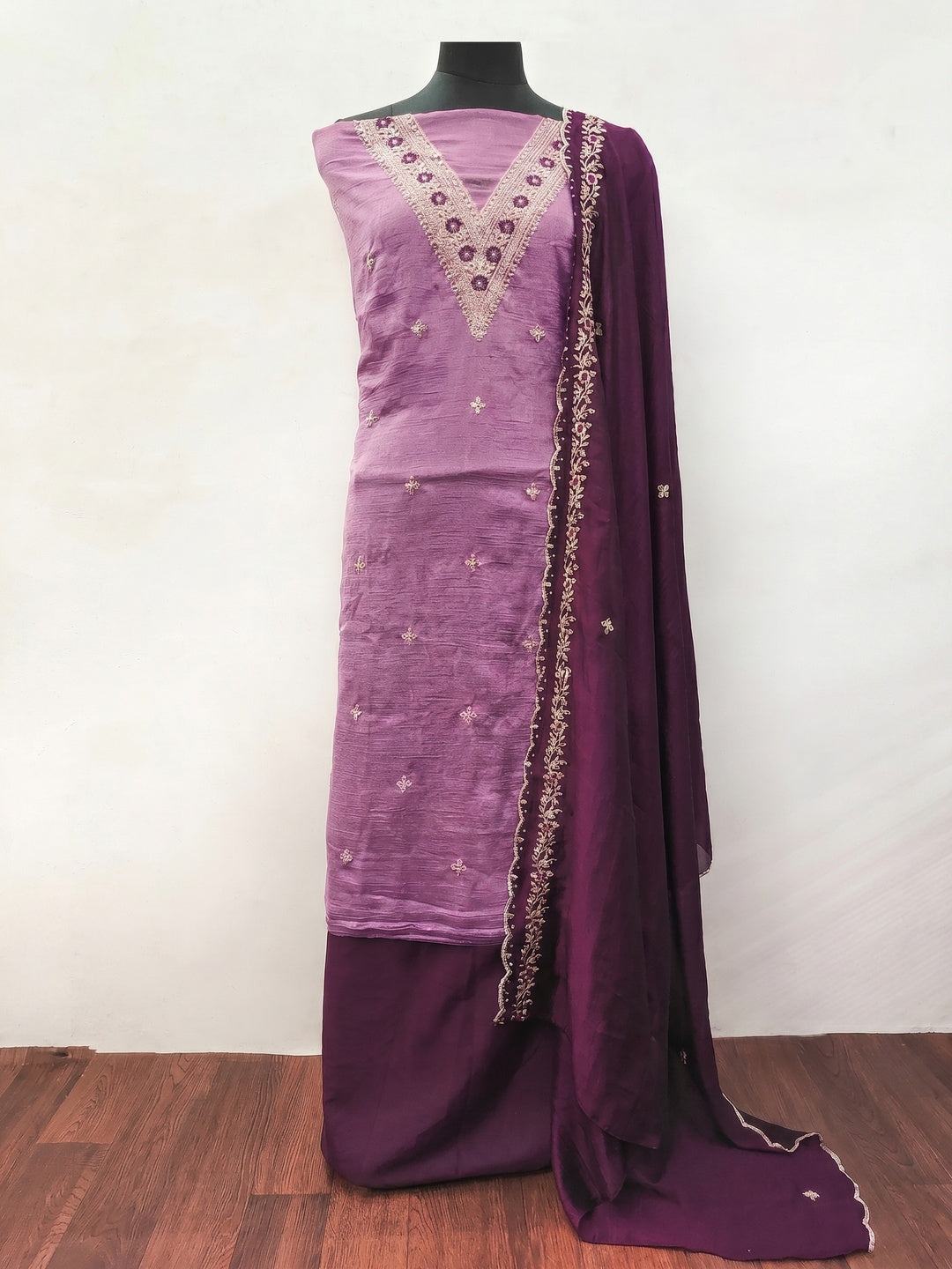 Pink Floral Embroidered Vichitra Silk Dress Material - Image 1