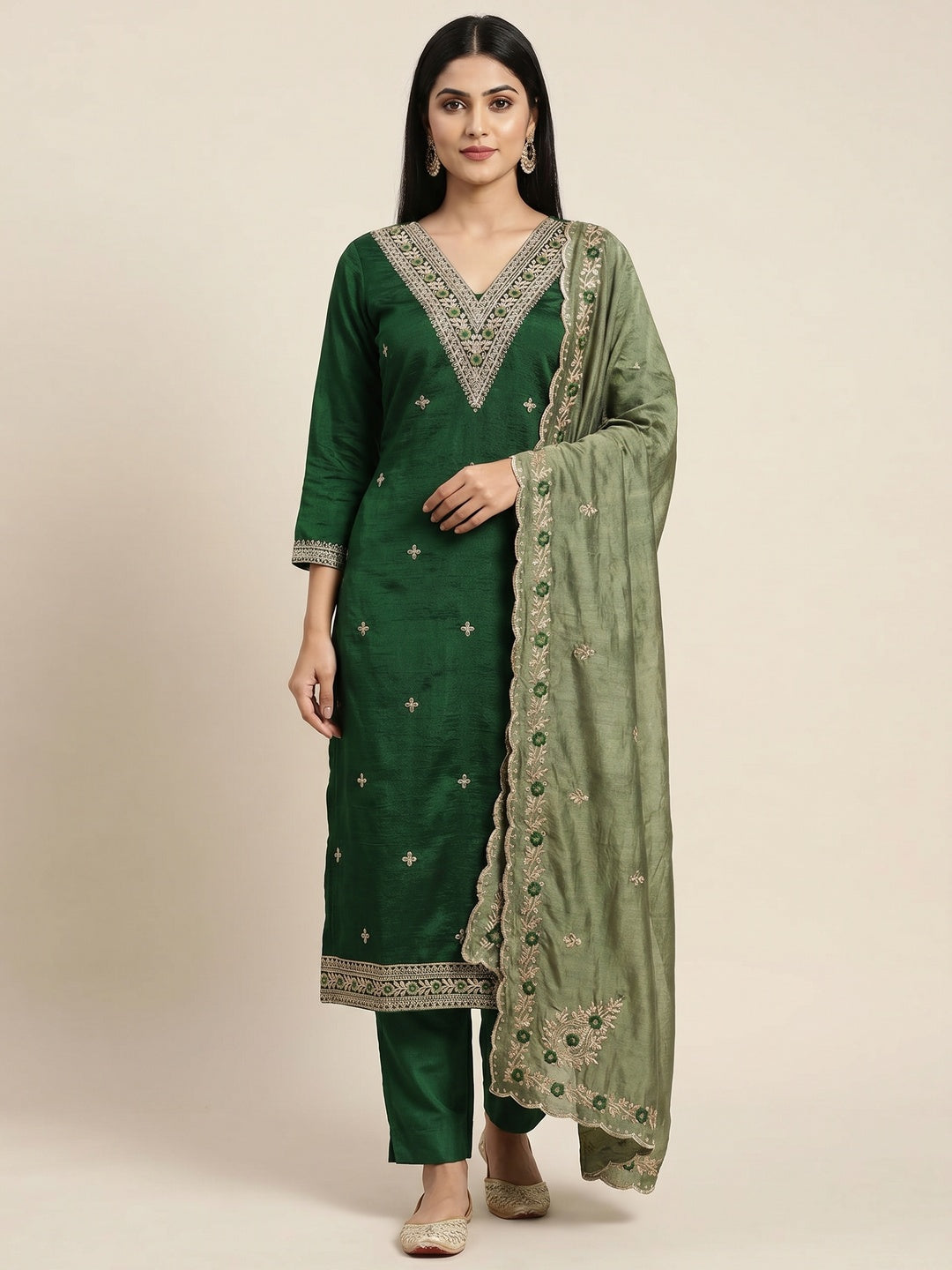 Green Floral Embroidered Vichitra Silk Dress Material - Image 1