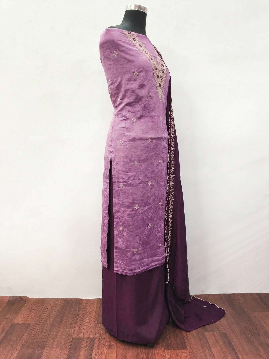Pink Floral Embroidered Vichitra Silk Dress Material - Image 3