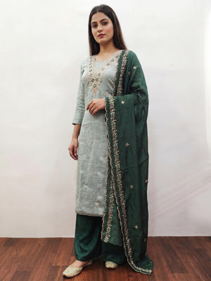 Light Green Floral Embroidered Vichitra Silk Dress Material - Image 1