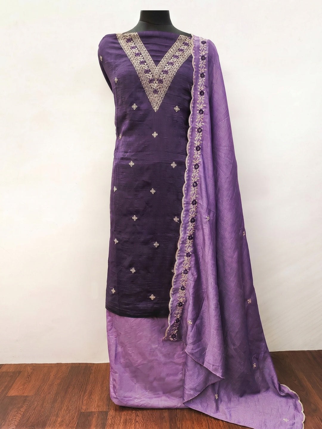 Purple Floral Embroidered Vichitra Silk Dress Material - Image 1